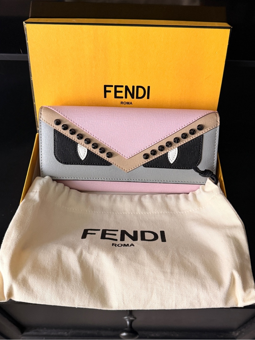 Fendi Pink, Gray & Beige Leather Continental Wallet with Stud Accents